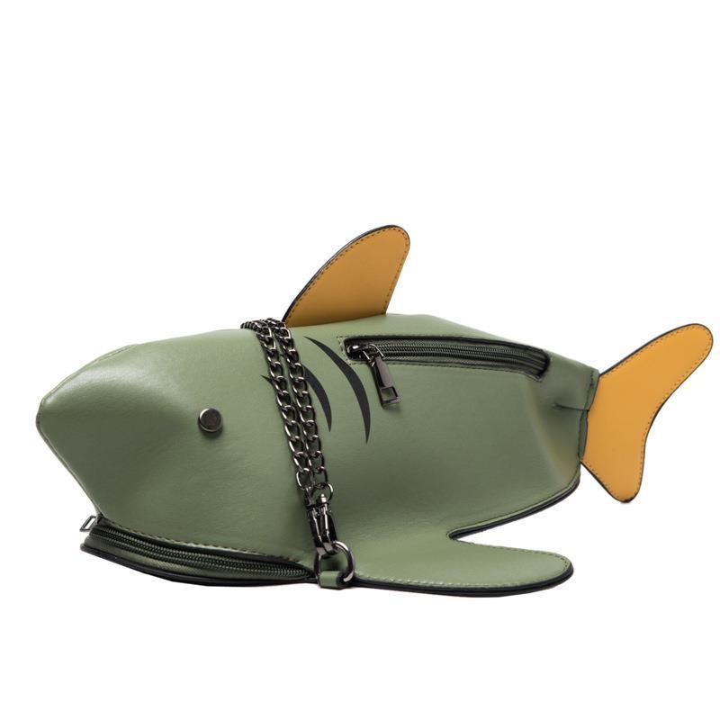 グリーン 可愛い サメ 模様 フェックス レザー ショルダー バッグ