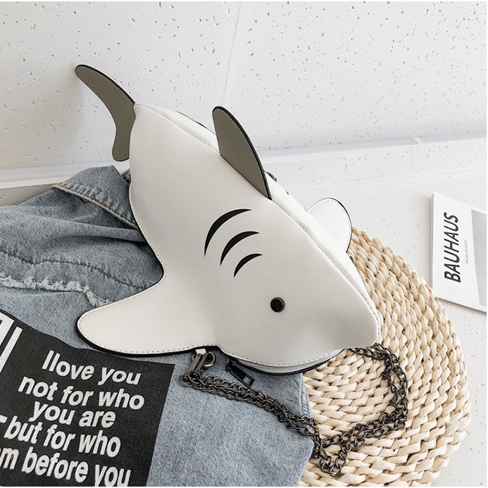 ホワイト 可愛い サメ 模様 フェックス レザー 2Way ミニ リュック ショルダー バッグ