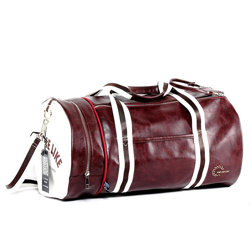 ワインレッド＆ホワイト 合成皮革 円筒形 運動バッグ ジーパン付き 大容量旅行バッグ