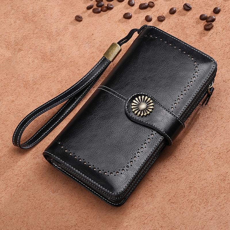 ブラック レトロ 本革製 長い財布 レディースウオレット ファスナー付き 大容量財布
