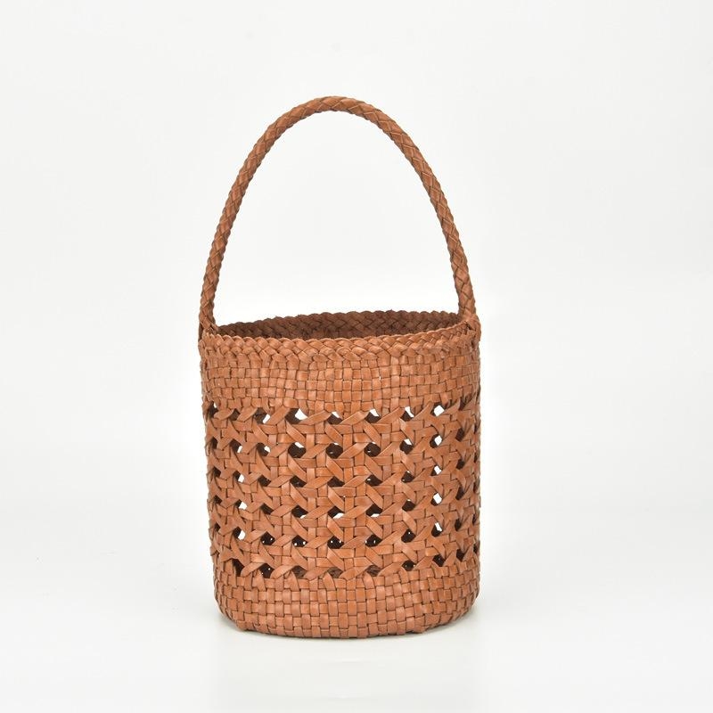 チョコ 本革製 編みバッグ 籠バッグ 人気の夏用バケツバッグ