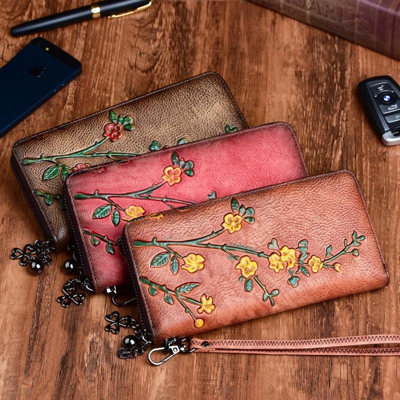 レッド 梅の花柄 レトロ風 本革 型押し 財布 レディース ウォレット