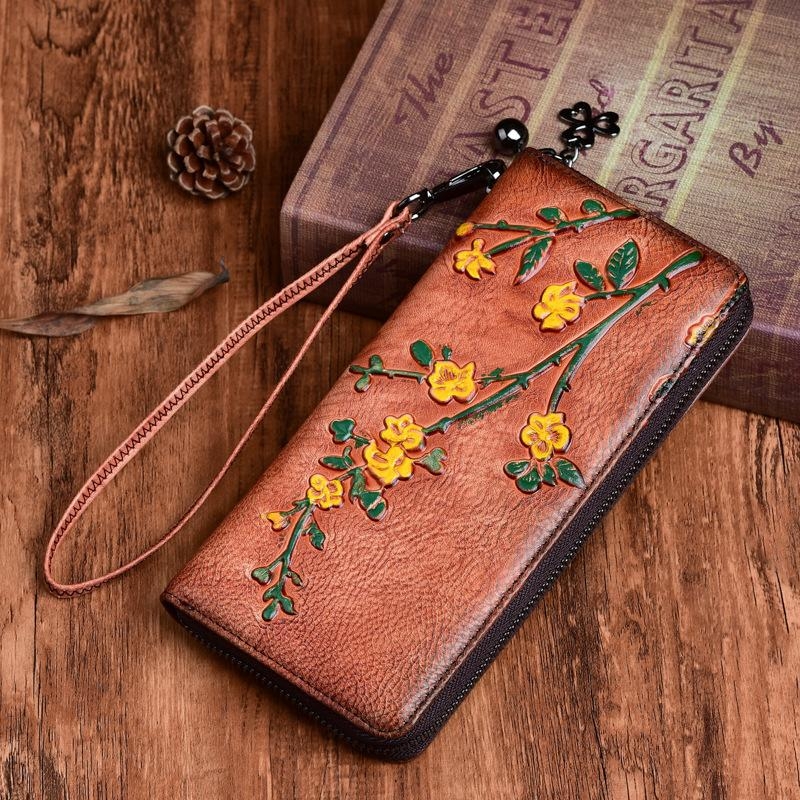 レッド 梅の花柄 レトロ風 本革 型押し 財布 レディース ウォレット