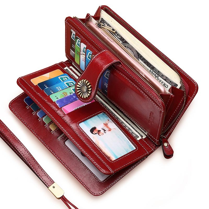 海軍ブルー レトロ 本革製 長い財布 レディースウオレット ファスナー付き 大容量財布