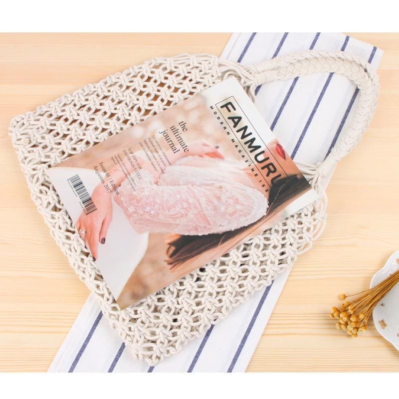夏 カゴバッグ ホワイト コットンロープ編みバッグ 人気のハンドメイドマクラメバッグ
