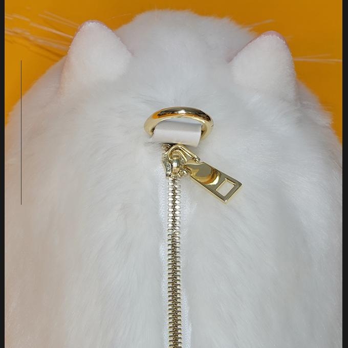 ホワイト 猫模様 可愛いハンドバッグ 斜めかけ ふわふわファーバッグ