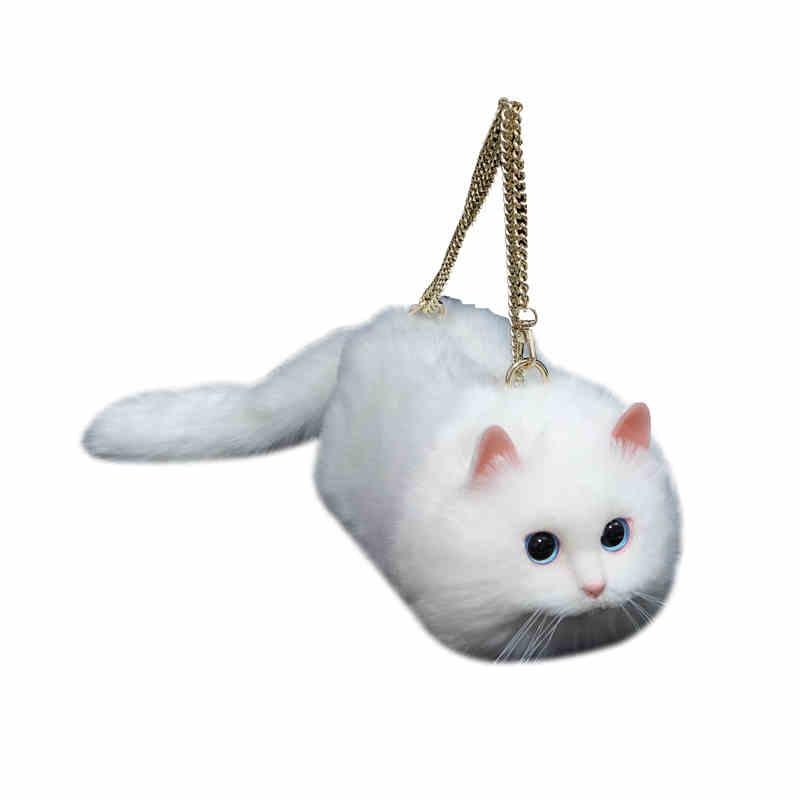 ホワイト 猫模様 可愛いハンドバッグ 斜めかけ ふわふわファーバッグ