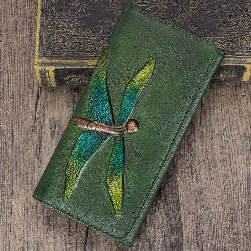 本来の革 蜻蛉 緑の財布 高い品質皮 財布 レディースウォレット 牛革長い財布