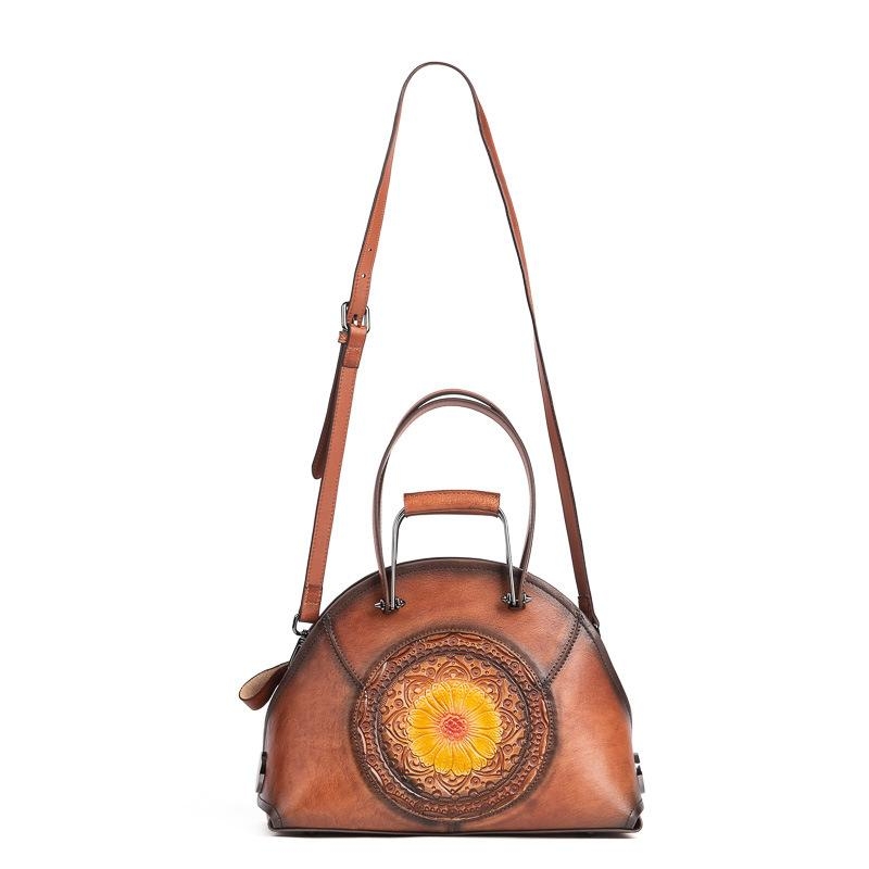 ブラウン 花柄 型押し 本革 ハンドバッグ 上品なレディースバッグ