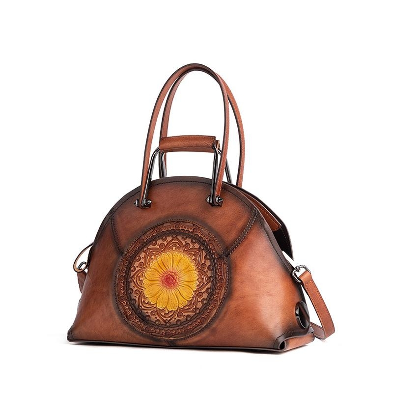 ブラウン 花柄 型押し 本革 ハンドバッグ 上品なレディースバッグ