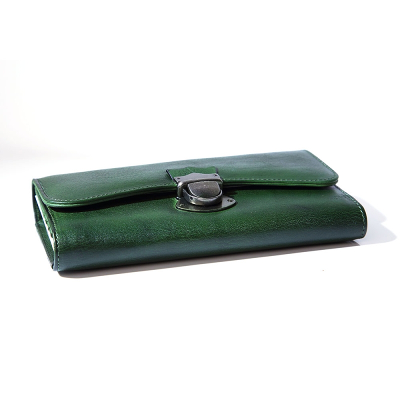 レトロ 緑の財布 高品質 カーフレザー 長い財布 レディースウォレット 