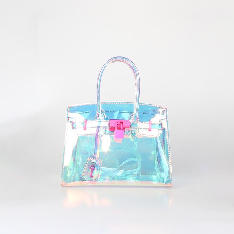 ピンク ホログラム ビニールバッグ 透明なレディース PVC サッチェルバッグ クリアバッグ