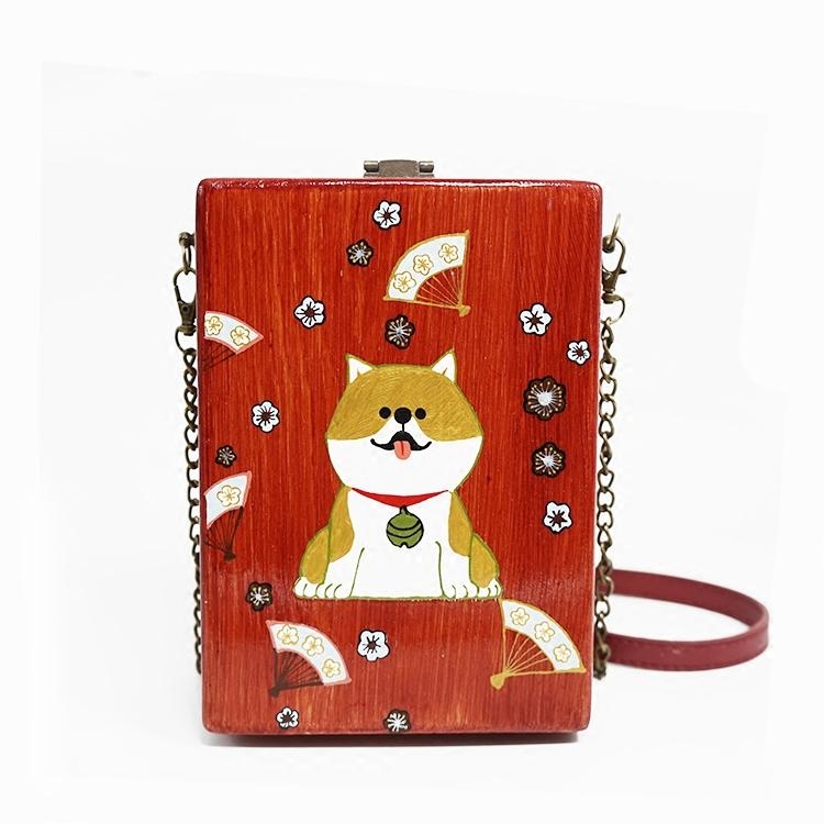 赤 木製バッグ 柴犬のイラスト 可愛いバッグ ボックスバッグ 2Way