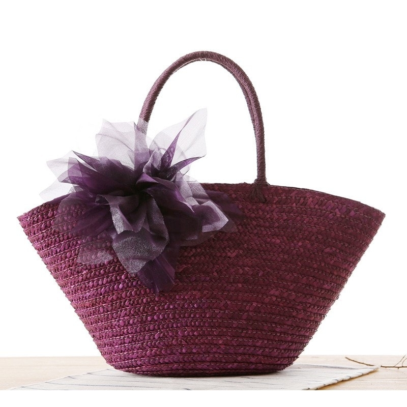 紫 サテン花 夏人気のカゴバッグ ビーチ用編みバッグ ストローバッグ 