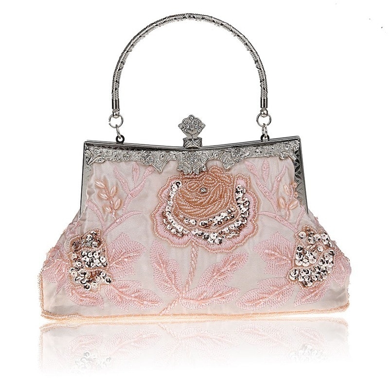 ピンク ビーズ刺繍 花柄 結婚式バッグ レトロ パーティーバッグ レディースクラッチバッグ 二次会バッグ