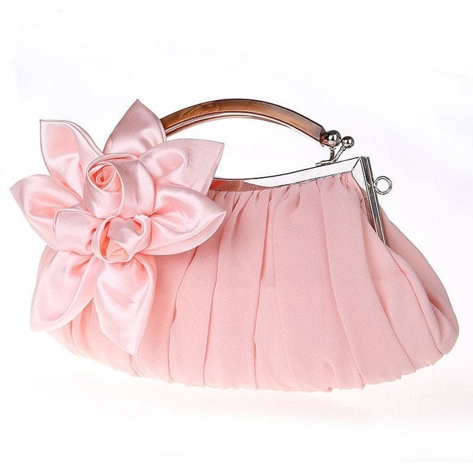 ピンク サテン 花柄 プリーツ 結婚式 バッグ 二次会 パーティーバッグ