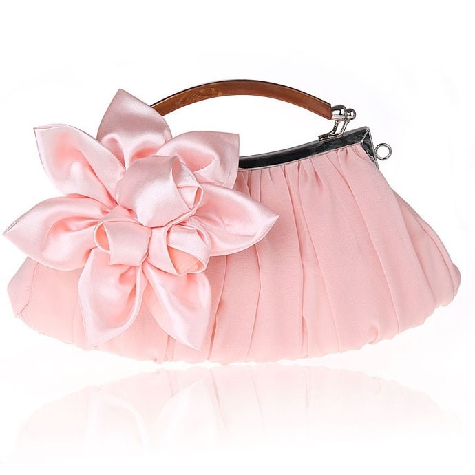 ピンク サテン 花柄 プリーツ 結婚式 バッグ 二次会 パーティーバッグ