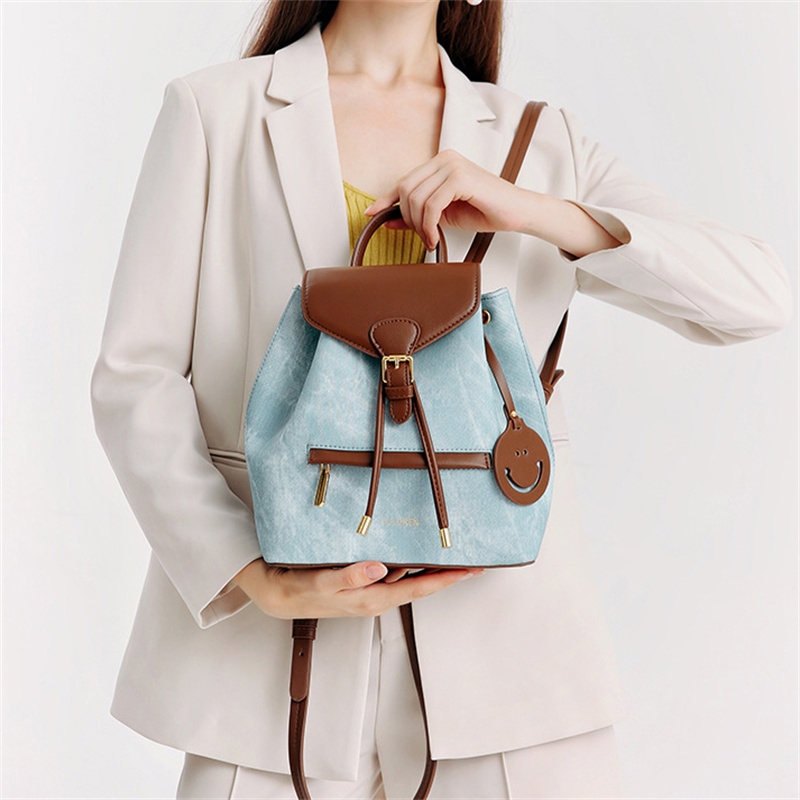 女性用ブルー合成皮革クラシック バックパック ハンドバッグ