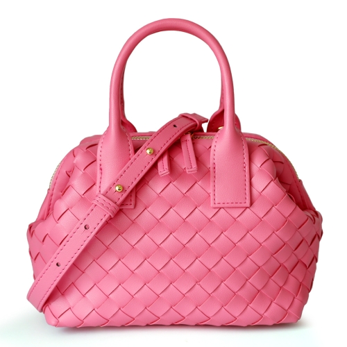 ピンクレザー編みハンドバッグトレンドファッションジッパーミニボストンバッグ