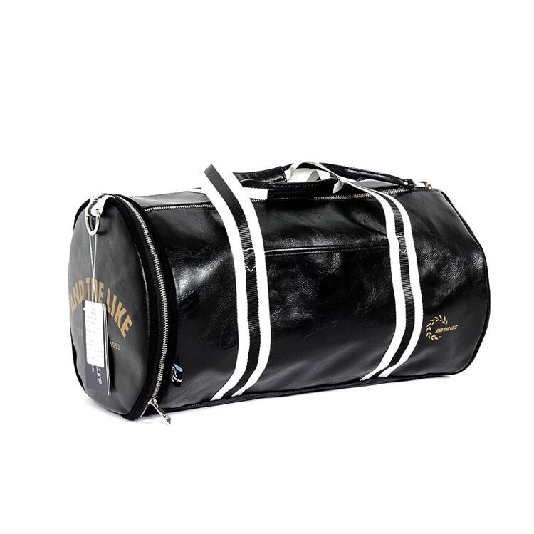 ブラック 合成皮革 円筒形 運動バッグ ジーパン付き 大容量旅行バッグ