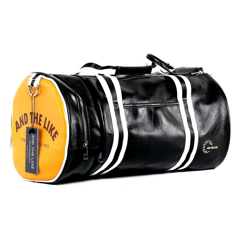 ブラック 合成皮革 円筒形 運動バッグ ジーパン付き 大容量旅行バッグ