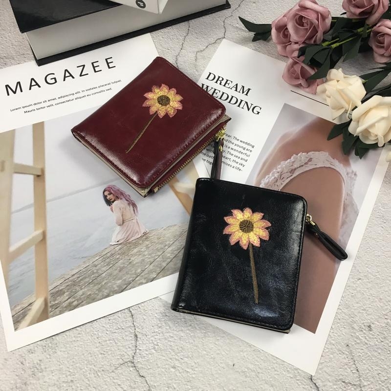 ワインレッド 花柄刺繡 二つ折り財布 ウォレット カードケース 