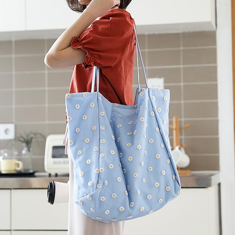 ブルー 雛菊柄 刺繡 キャンバスバッグ エコバッグ お買い物バッグ 人気マイバッグ