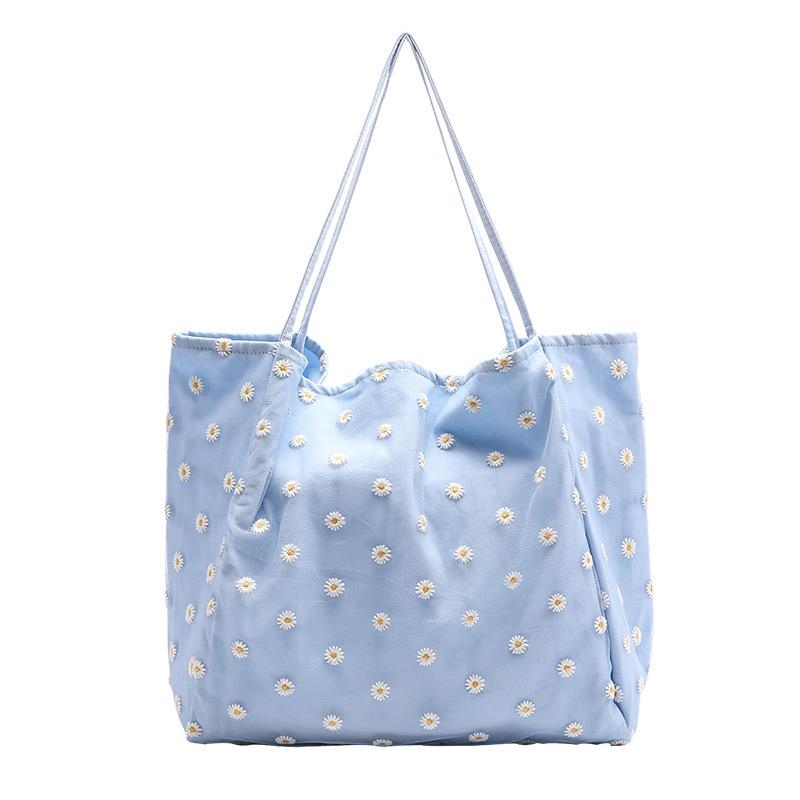 ブルー 雛菊柄 刺繡 キャンバスバッグ エコバッグ お買い物バッグ 人気マイバッグ