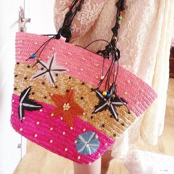 ピンク ひとで刺繡 海辺用 夏のかごバッグ 人気ストローバッグ 編み型ビーチトートバッグ 
