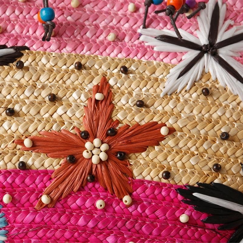 ピンク ひとで刺繡 海辺用 夏のかごバッグ 人気ストローバッグ 編み型ビーチトートバッグ 