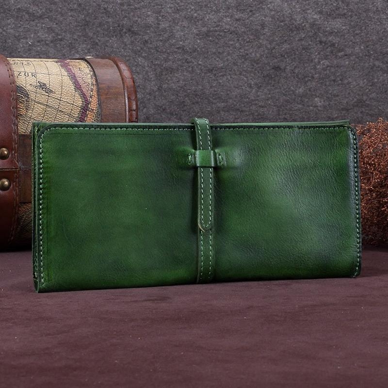 浅い緑 自然 本革 レトロ ベルト財布 レディースウォレット 高品質の牛革 長財布 グリーン