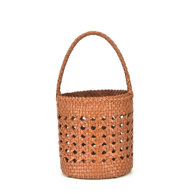 茶色 本革製 編みバッグ 籠バッグ 人気の夏用バケツバッグ