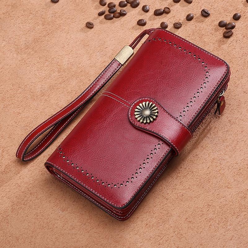 ワインレッド レトロ 本革製 長い財布 レディースウオレット ファスナー付き 大容量財布