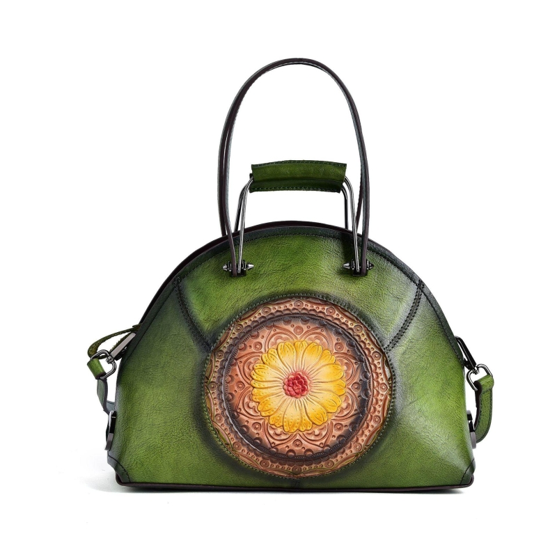 グリーン 花柄 型押し 本革 ハンドバッグ 上品なレディースバッグ