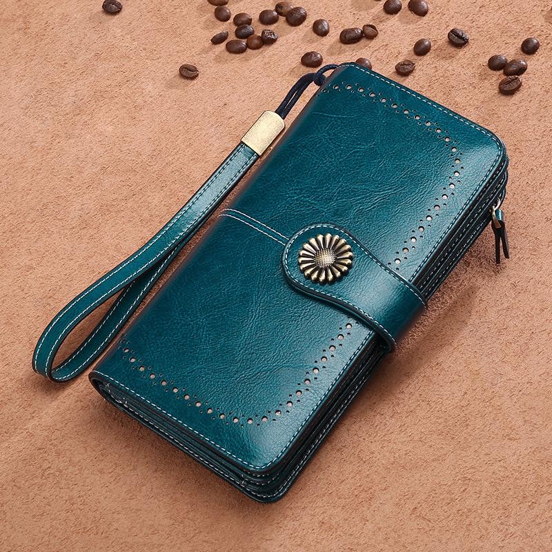 緑 レトロ 本革製 長い財布 レディースウオレット ファスナー付き 大容量財布