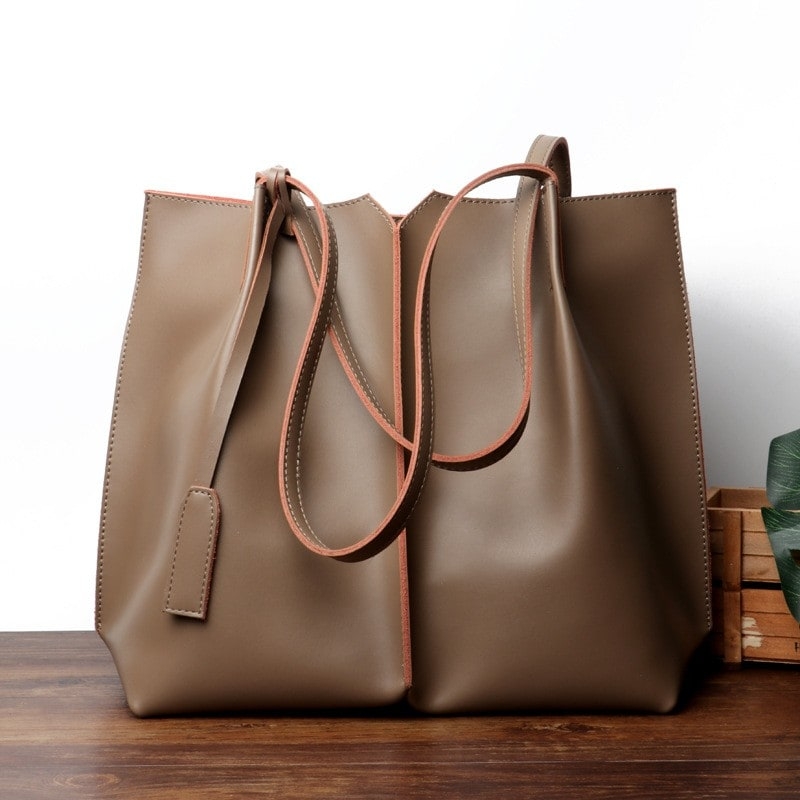 カーキブラウン ソフトレザー 本革トートバッグ ショッパーバッグ 通勤用 女性用 鞄 レディースバッグ
