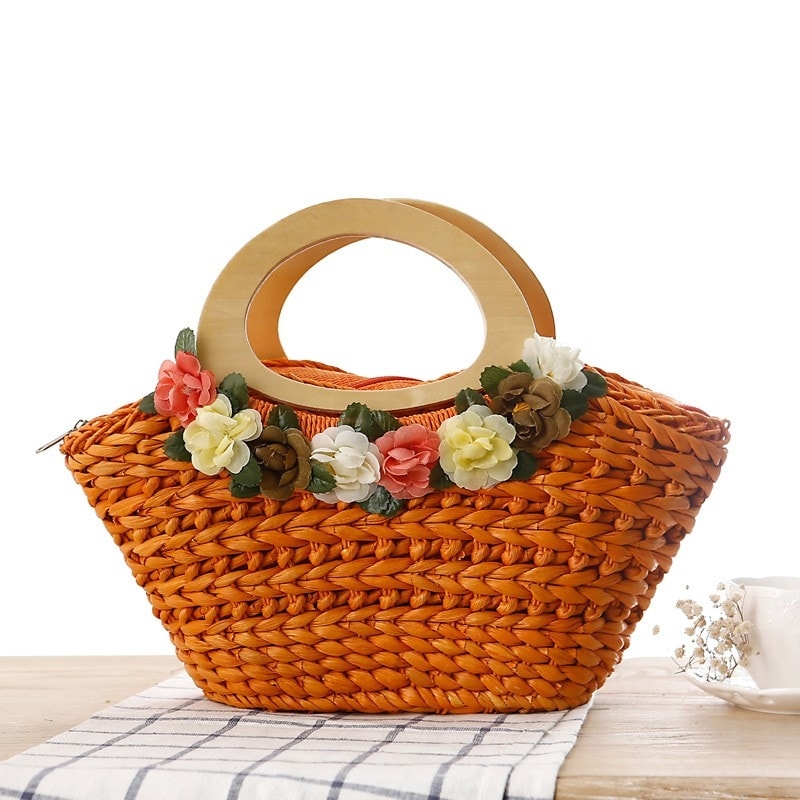 旅行のためのベージュ織物ビーチバッグ花のハンドバッグ