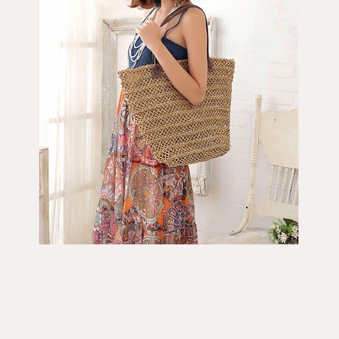 旅行のための茶色の夏のカジュアル織物ビーチトートバッグ