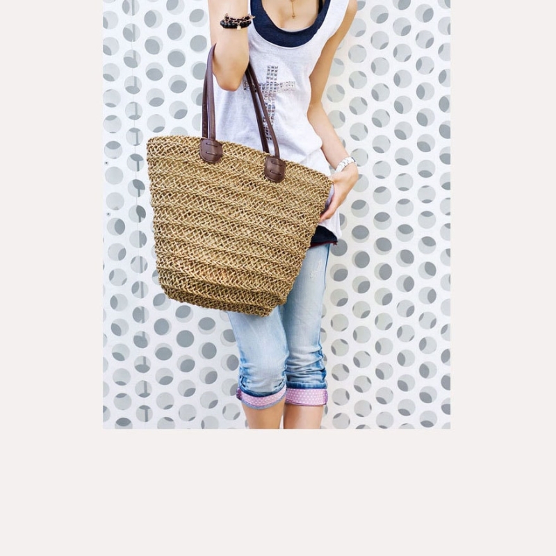 旅行のための茶色の夏のカジュアル織物ビーチトートバッグ