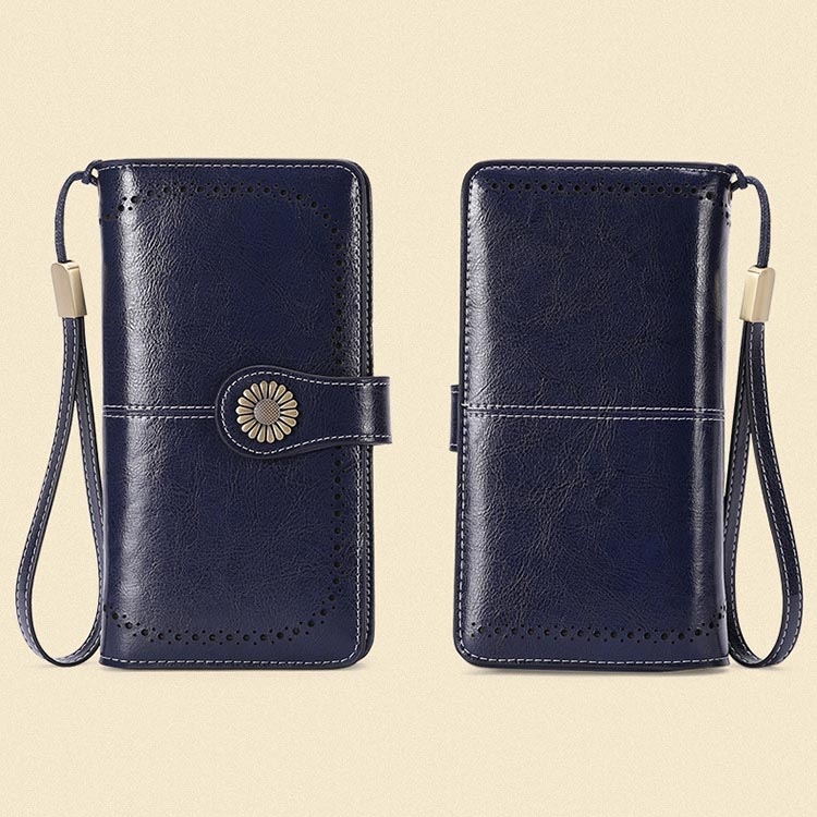 海軍ブルー レトロ 本革製 長い財布 レディースウオレット ファスナー付き 大容量財布