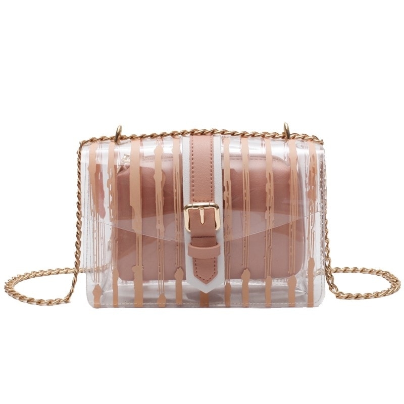 ピンクのストライプクリア財布、透明なクロスボディファッションバッグ