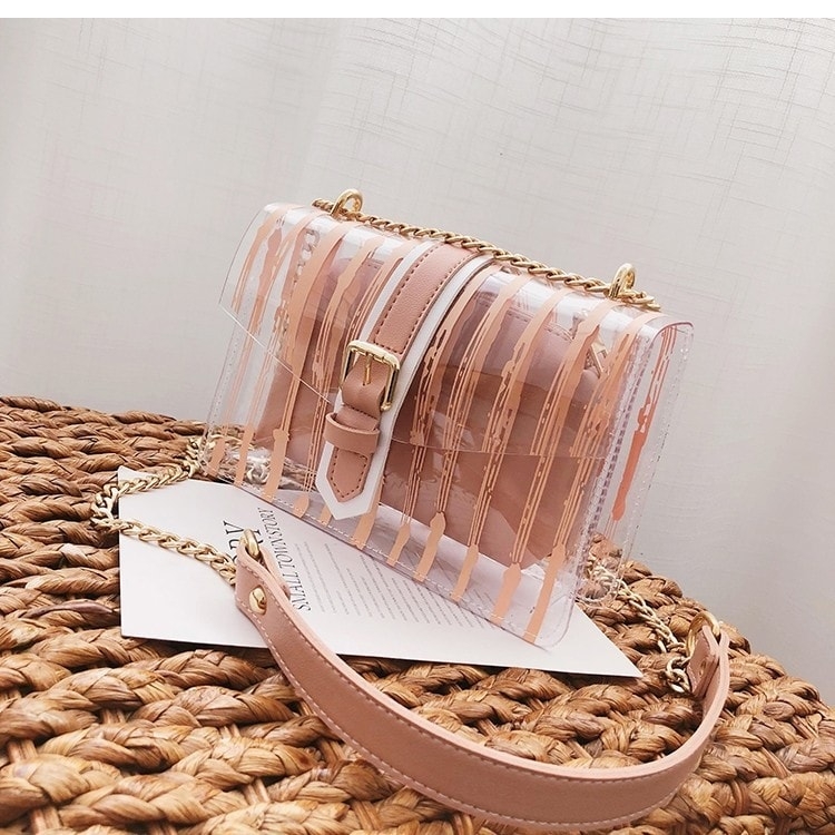 ピンクのストライプクリア財布、透明なクロスボディファッションバッグ