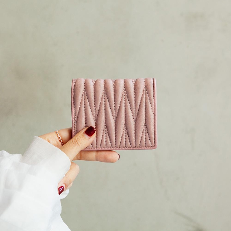 ピンク 本革 プリーツ カードケース 二つ折り財布 ウォレット 