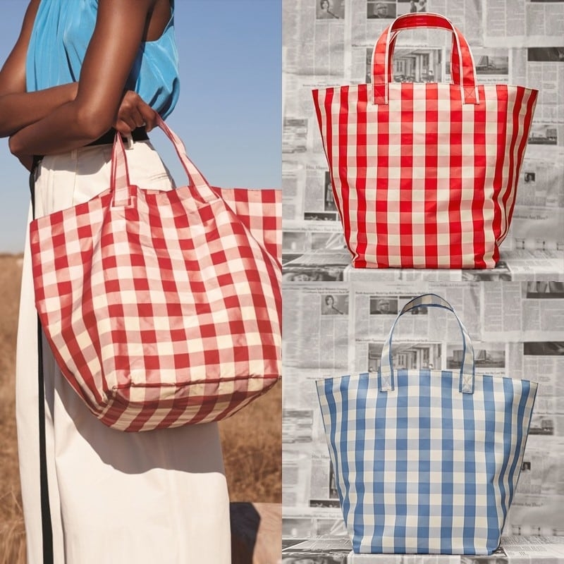 赤＆ホワイト 格子柄のキャンバスバッグ 大きなお買い物バッグ エコバッグ