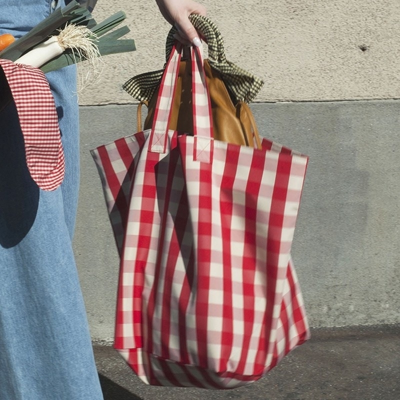赤＆ホワイト 格子柄のキャンバスバッグ 大きなお買い物バッグ エコバッグ