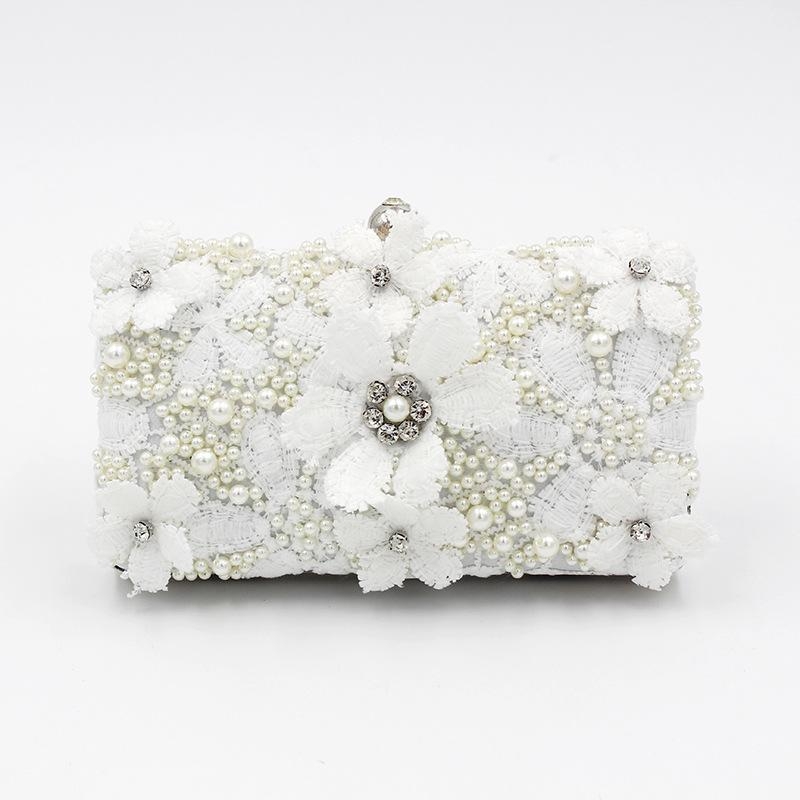 ホワイトパールの花の箱イブニングクラッチ財布レースの花のウェディングバッグ