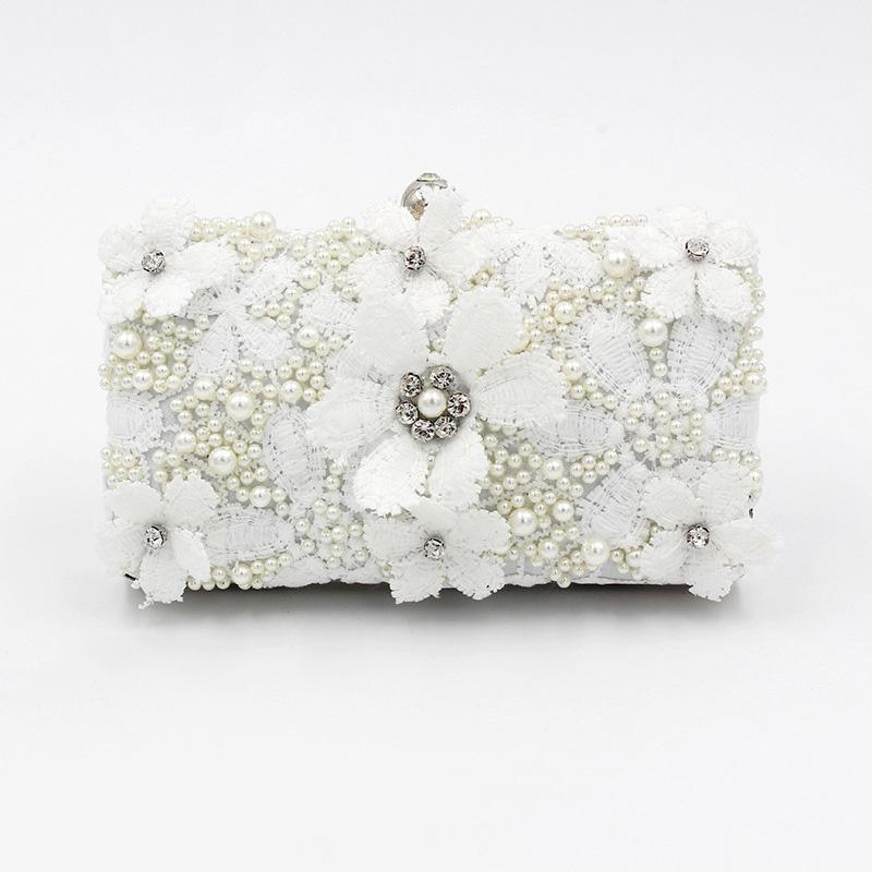 ホワイトパールの花の箱イブニングクラッチ財布レースの花のウェディングバッグ